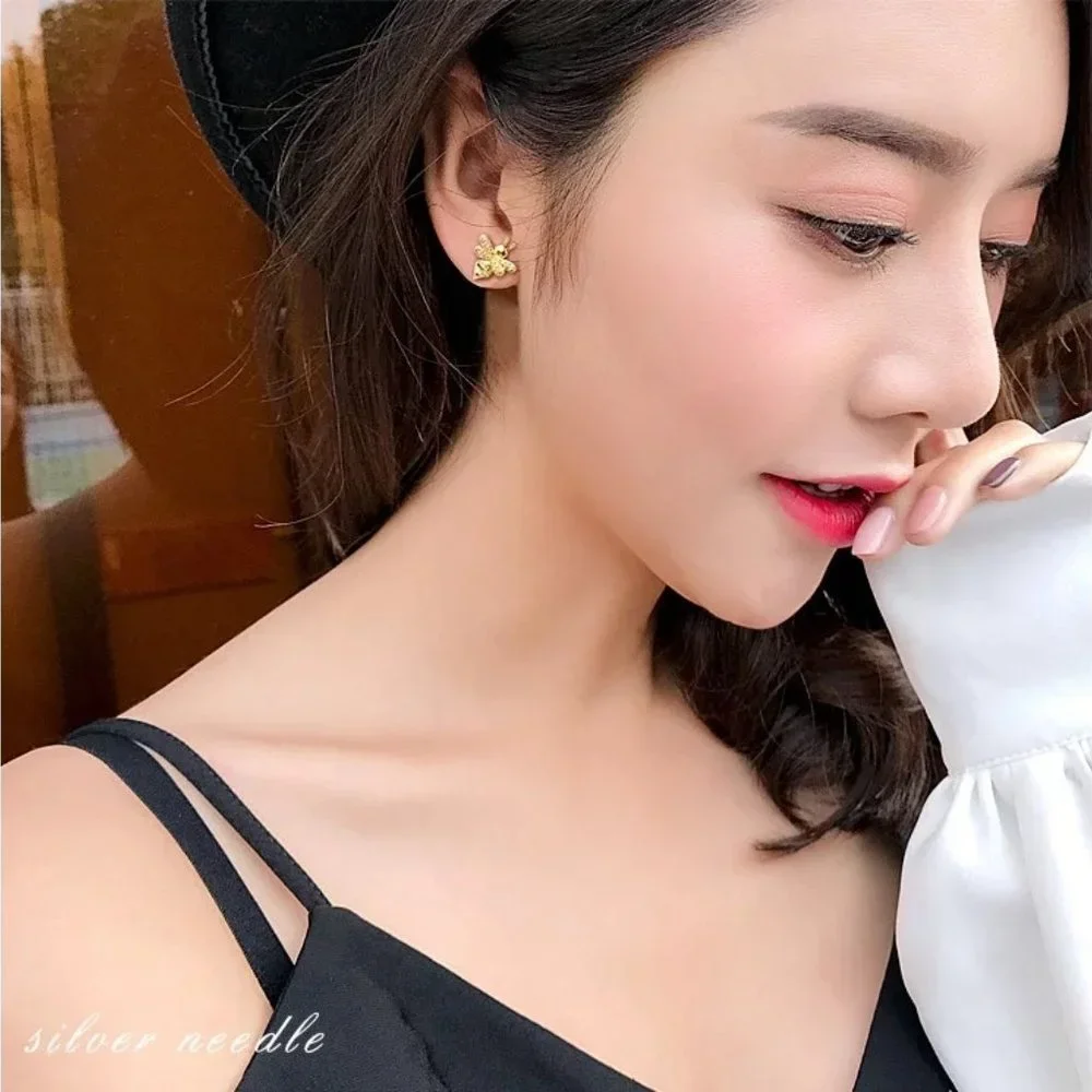 14k Gold Queen Bee Diamonds Stud Earrings Sterling Silver - Picture 9 of 12